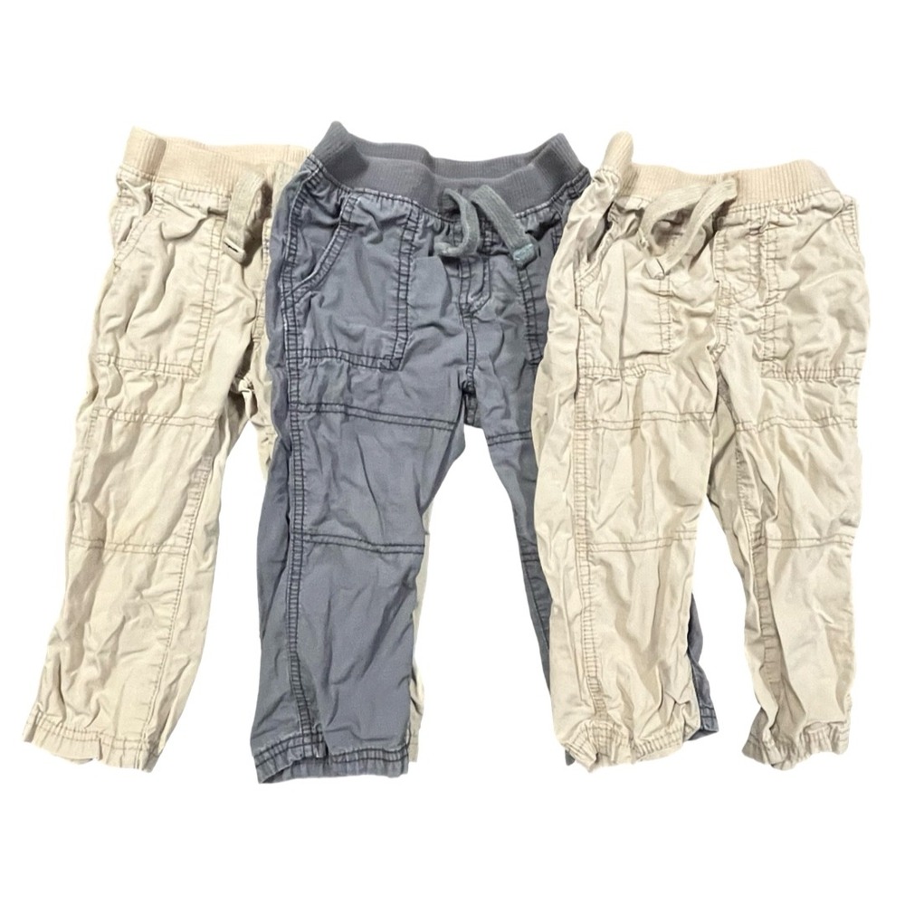 Carters Baby Boys 24M Cargo Pants 3 Pack Khaki‎ & Grey Cotton Pull On Drawstring